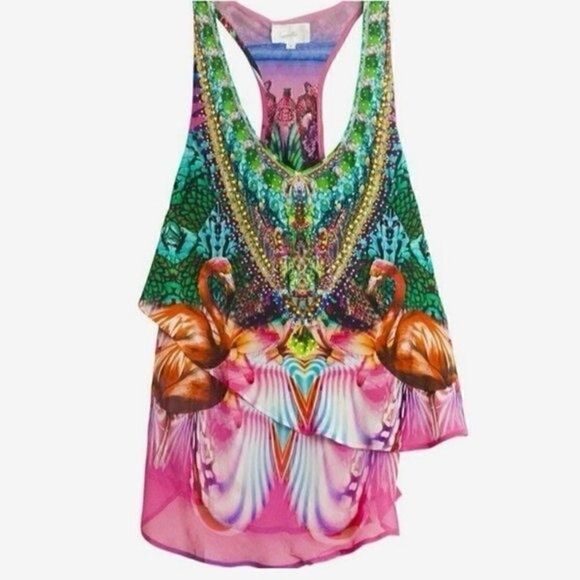 Camilla Awakened Utopia Flamingo Layered Silk Top Size 1 - Picture 1 of 14